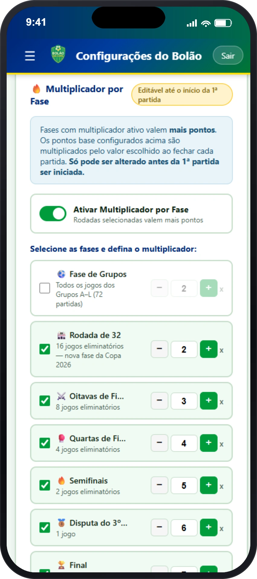 App Bolão da Copa 2026 - Multiplicador por Fase