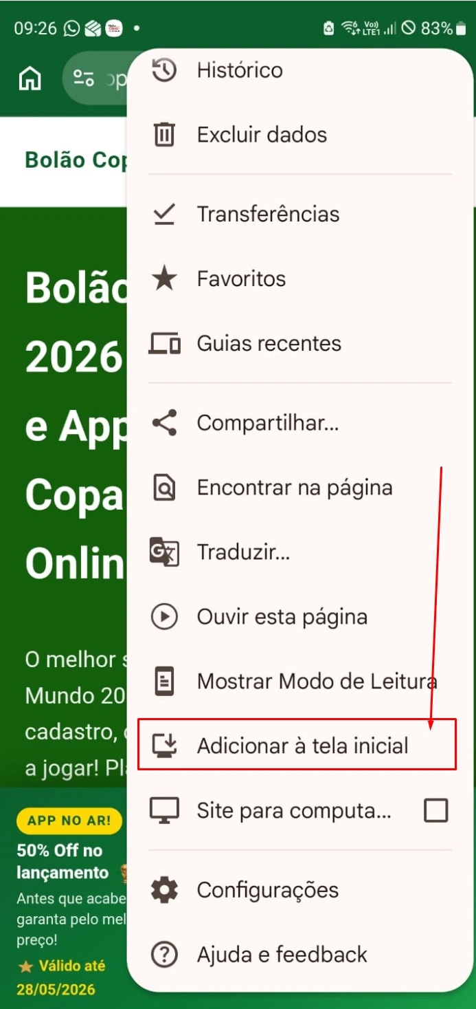 Passo 2 Android: toque em Adicionar à tela inicial